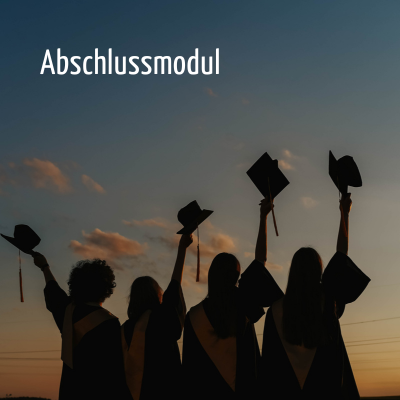 Quelle: BDKJ Freiburg Vier Absolventen in Talaren heben ihre Hüte bei Sonnenuntergang, Text 'Abschlussmodul'
